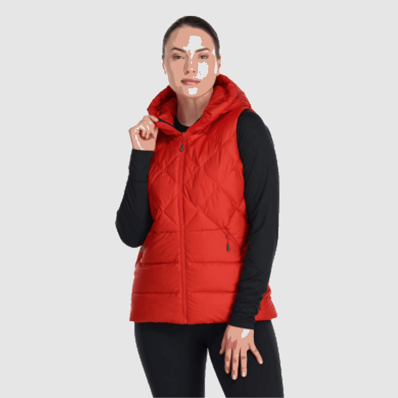 Outdoor Research Damen-kaltfront-daunenweste Mit Kapuze Cranberry