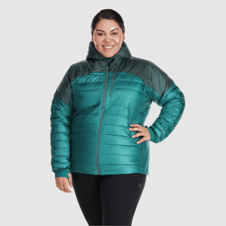 Outdoor Research Damen Helium Daunen Hoodie Deep Lake/Treeline